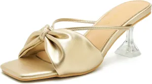 LIURUIJIA Women's Bow Strap Slip On Heeled Sandals Square Toe 2" Clear Heel Comfortable Heels Mules