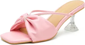 LIURUIJIA Women's Bow Strap Slip On Heeled Sandals Square Toe 2" Clear Heel Comfortable Heels Mules