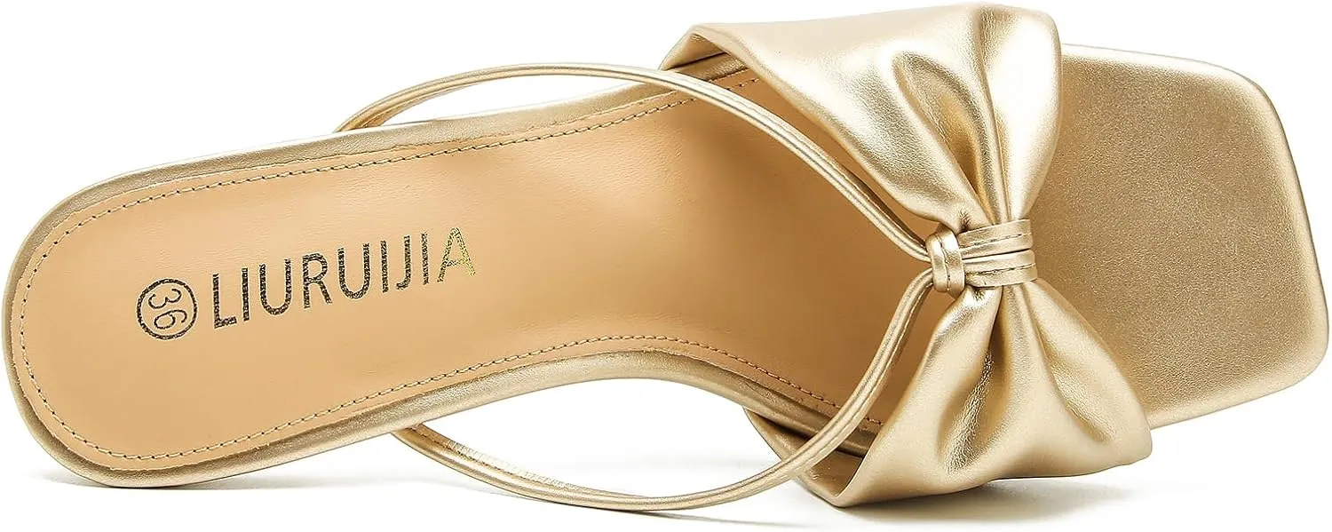 LIURUIJIA Women's Bow Strap Slip On Heeled Sandals Square Toe 2" Clear Heel Comfortable Heels Mules