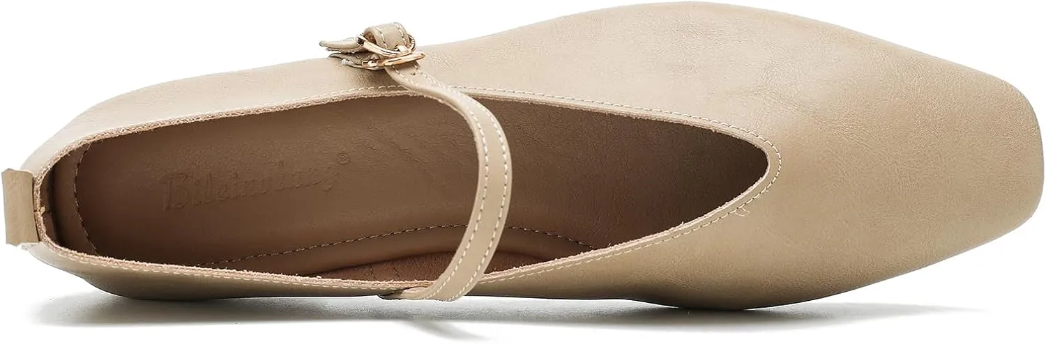 LIURUIJIA Women's Mary Jane Ballet Flats Dress Shoes Square Toe Ankle Strap Casual Dressy Comfortable Retro Foldable Shoes