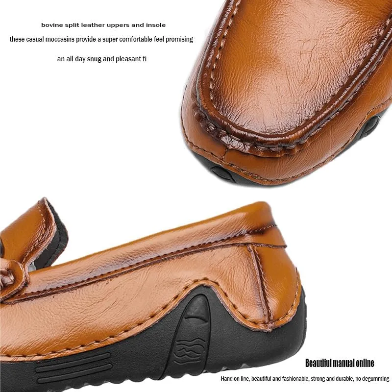 Men Genuine Leather Casual Slip on Moccasin Boat Shoe Softsole Handmade Breathable Non-Slip Comfortable Lightweight Fashion Driving Loafer