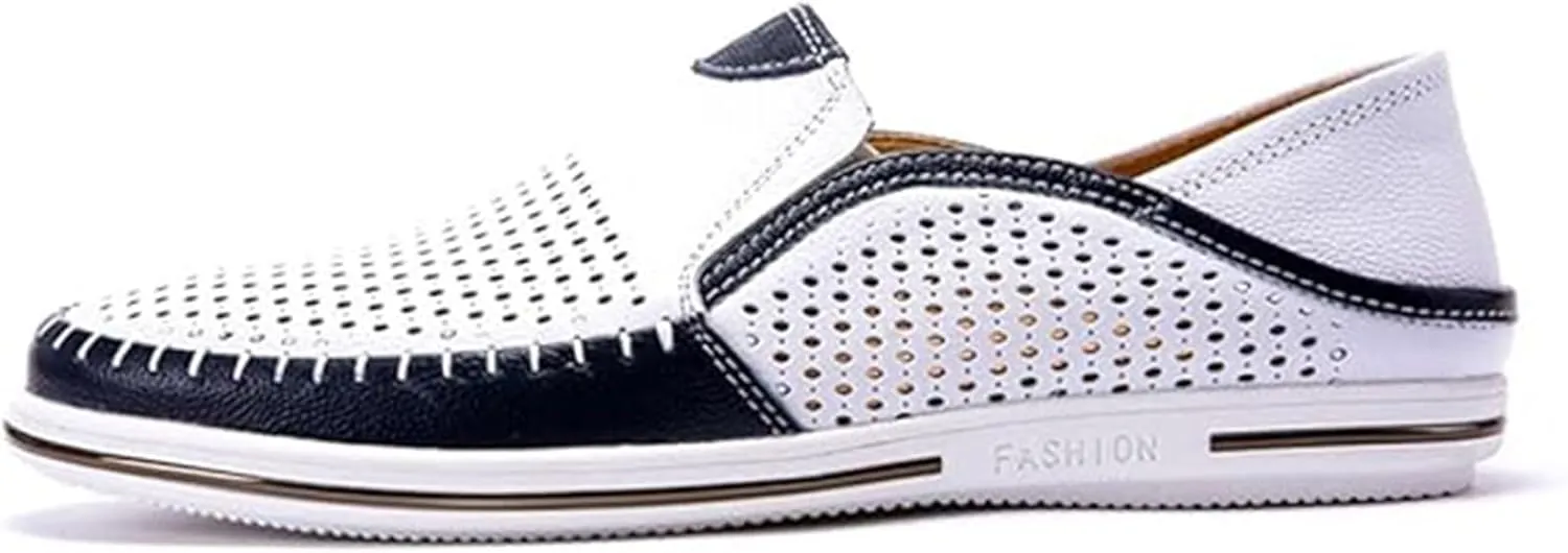 Men's Genuine Leather Loafers Slip-On Breathable Perforated Casual Summer Walking Driving Shoes