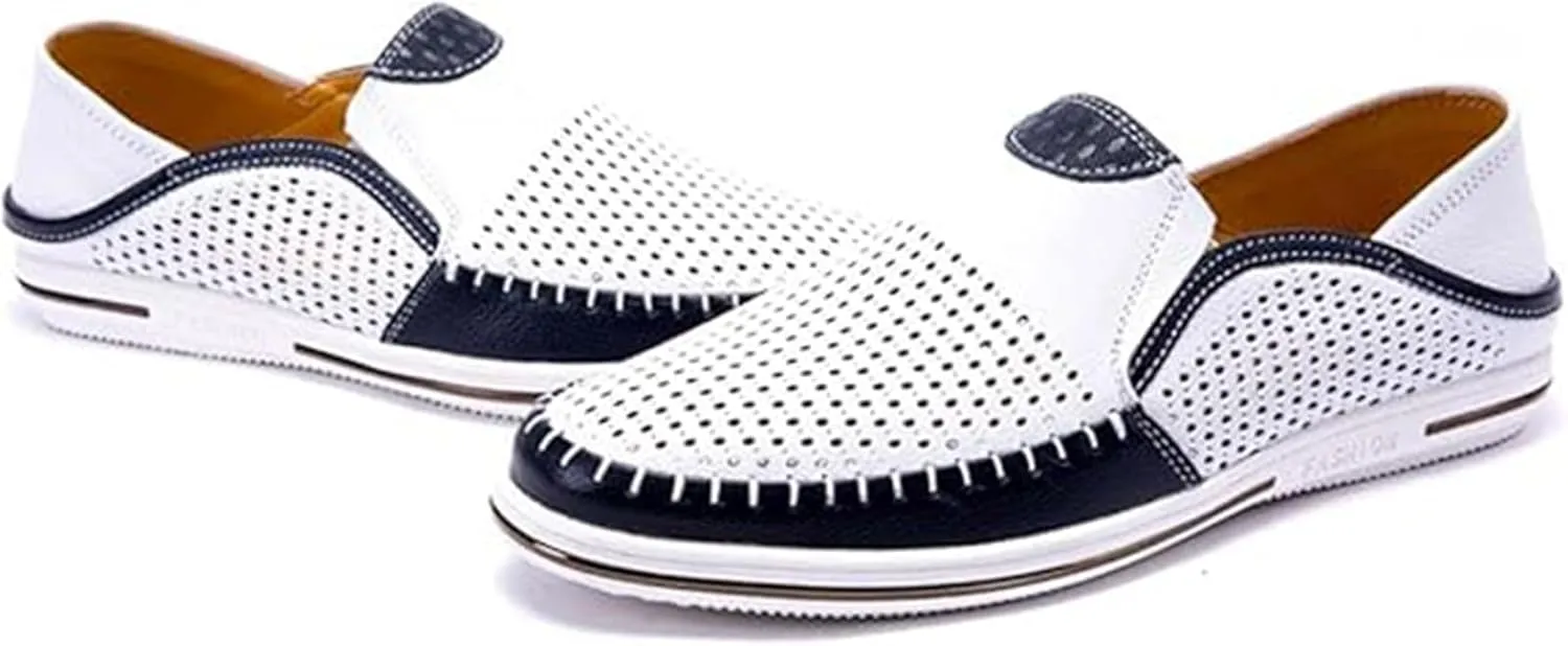 Men's Genuine Leather Loafers Slip-On Breathable Perforated Casual Summer Walking Driving Shoes