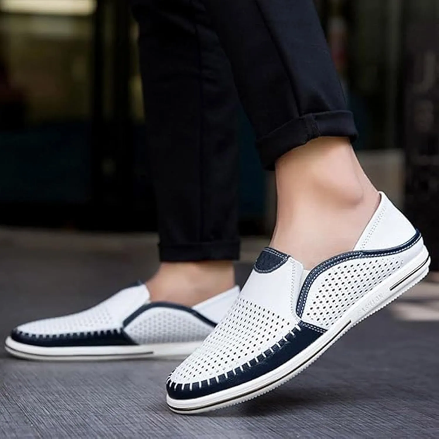Men's Genuine Leather Loafers Slip-On Breathable Perforated Casual Summer Walking Driving Shoes