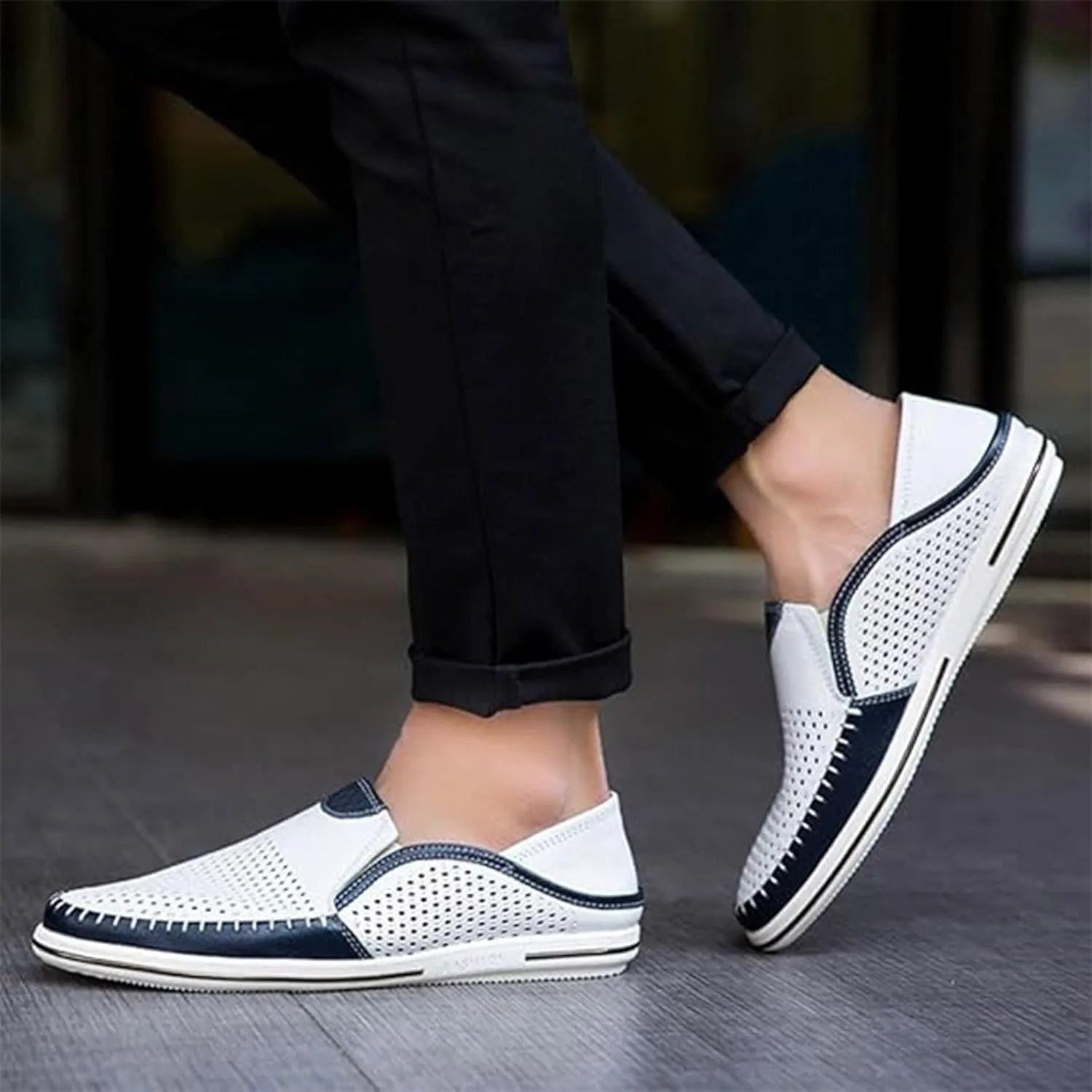 Men's Genuine Leather Loafers Slip-On Breathable Perforated Casual Summer Walking Driving Shoes