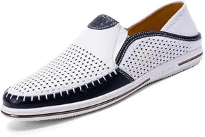 Men's Genuine Leather Loafers Slip-On Breathable Perforated Casual Summer Walking Driving Shoes