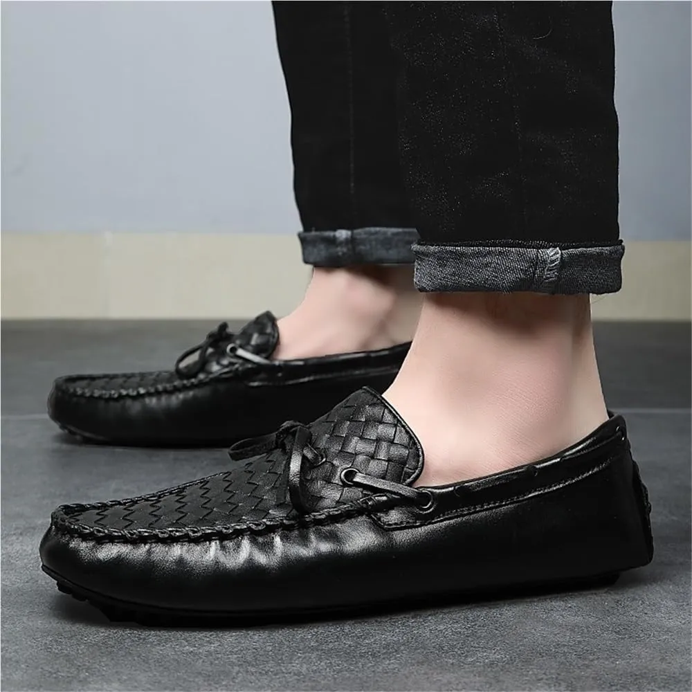 Mens Genuine Leather Woven Loafers Slip On Round Toe Stitching Details Flexible Party Wedding Shoes