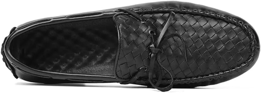 Mens Genuine Leather Woven Loafers Slip On Round Toe Stitching Details Flexible Party Wedding Shoes
