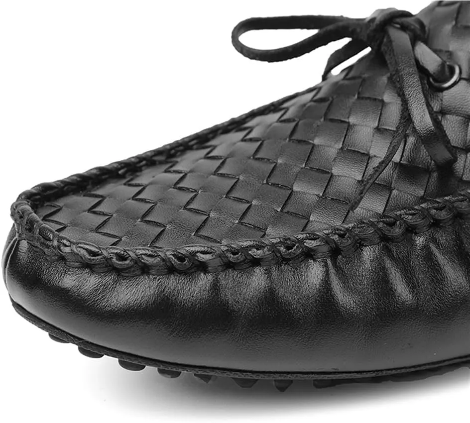 Mens Genuine Leather Woven Loafers Slip On Round Toe Stitching Details Flexible Party Wedding Shoes
