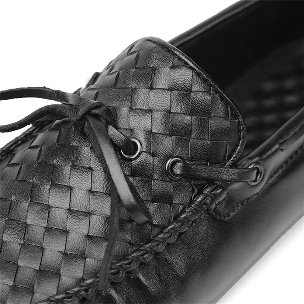 Mens Genuine Leather Woven Loafers Slip On Round Toe Stitching Details Flexible Party Wedding Shoes
