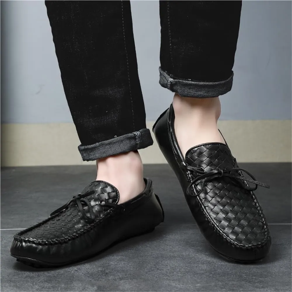 Mens Genuine Leather Woven Loafers Slip On Round Toe Stitching Details Flexible Party Wedding Shoes