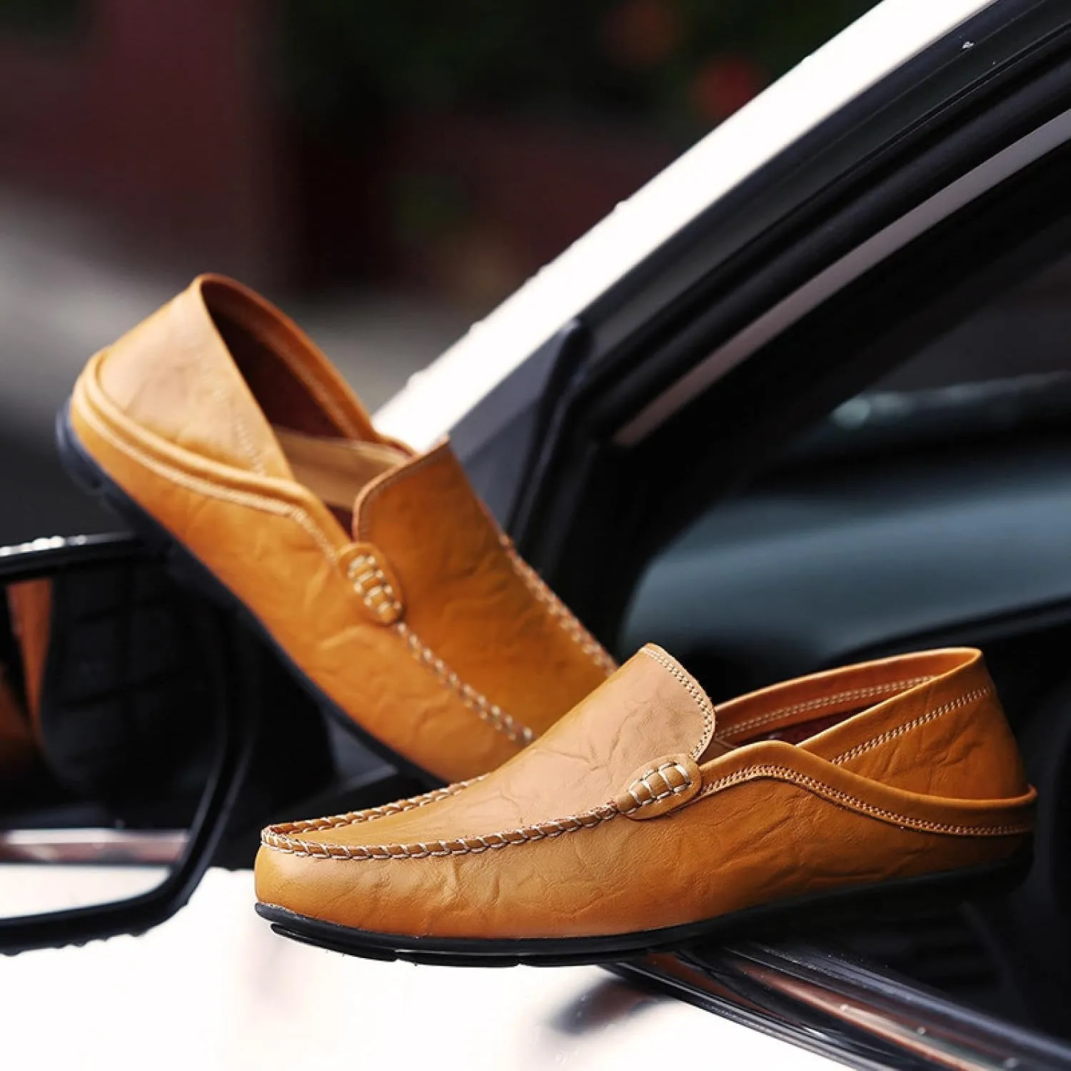 Men's Premium Genuine Leather Casual Slip Into Loafers, Breathable Driving Shoes, Fashion Slippers