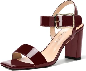 MERRORI Womens Ankle Strap Patent Mule Open Toe Sexy Dating Buckle Chunky High Heel Heeled Sandals 3.3 Inch