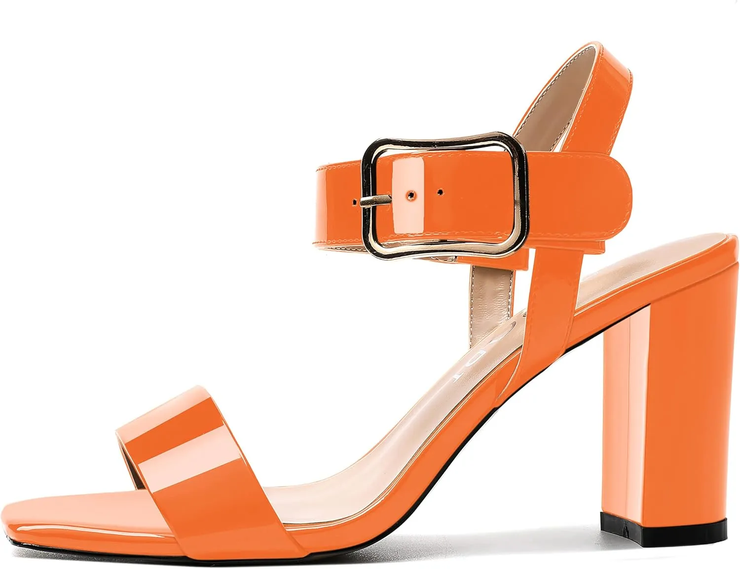 MERRORI Womens Ankle Strap Patent Mule Open Toe Sexy Dating Buckle Chunky High Heel Heeled Sandals 3.3 Inch