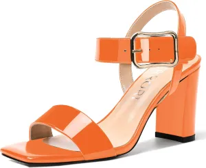 MERRORI Womens Ankle Strap Patent Mule Open Toe Sexy Dating Buckle Chunky High Heel Heeled Sandals 3.3 Inch