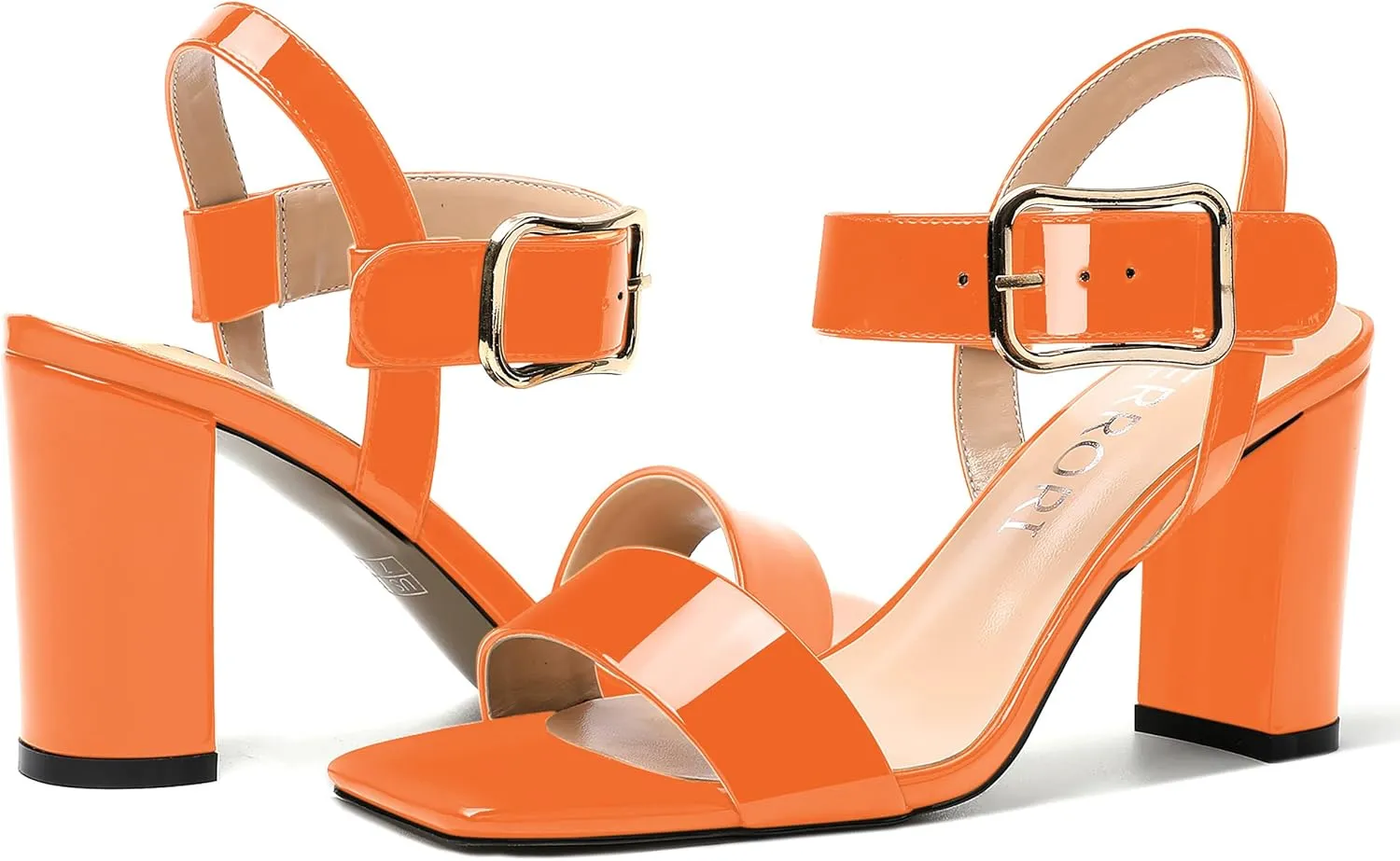 MERRORI Womens Ankle Strap Patent Mule Open Toe Sexy Dating Buckle Chunky High Heel Heeled Sandals 3.3 Inch