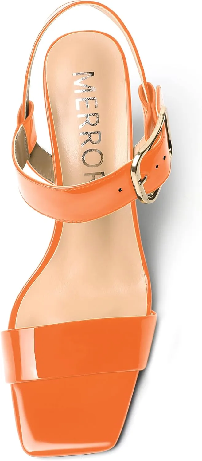 MERRORI Womens Ankle Strap Patent Mule Open Toe Sexy Dating Buckle Chunky High Heel Heeled Sandals 3.3 Inch