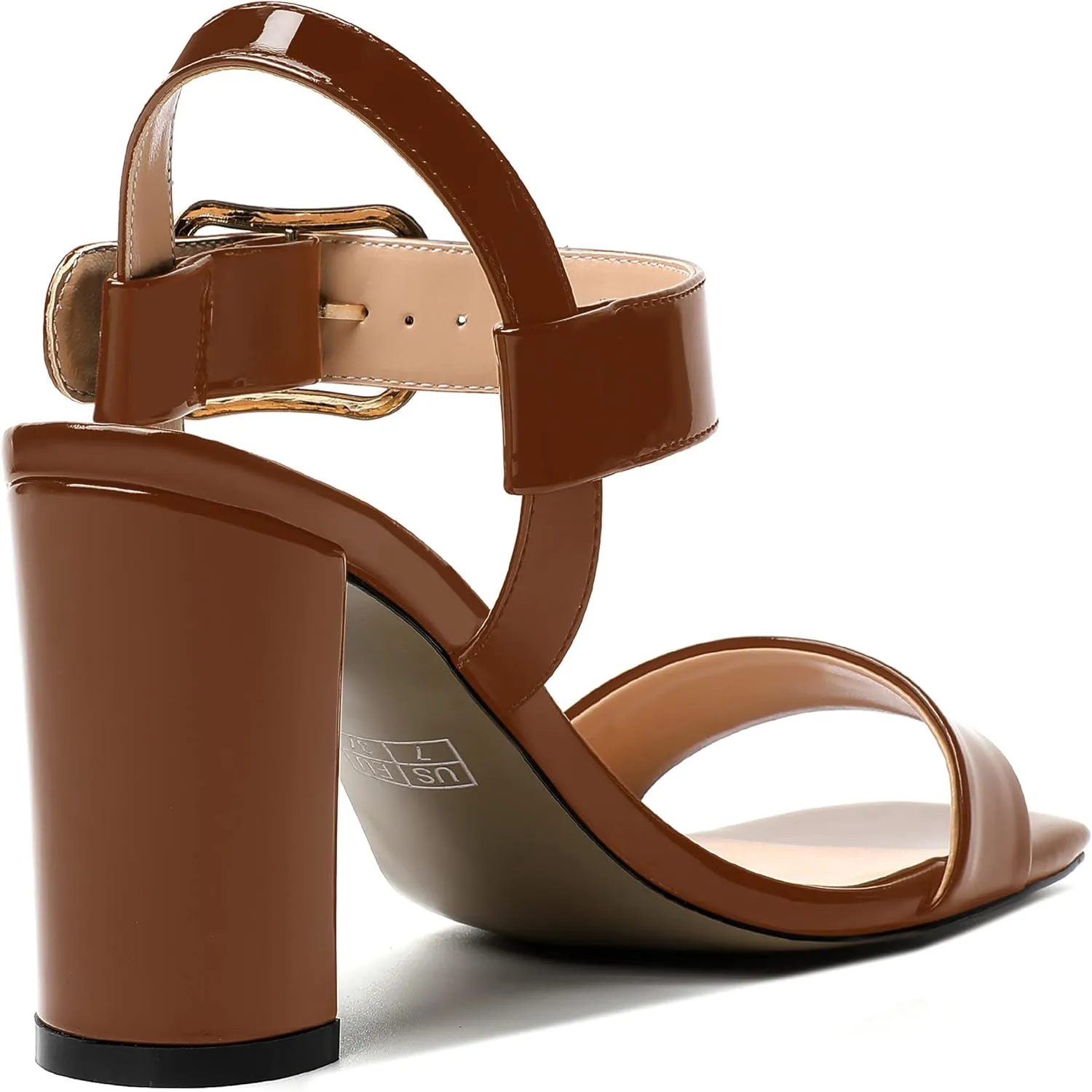 MERRORI Womens Ankle Strap Patent Mule Open Toe Sexy Dating Buckle Chunky High Heel Heeled Sandals 3.3 Inch
