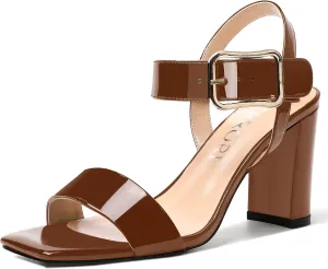 MERRORI Womens Ankle Strap Patent Mule Open Toe Sexy Dating Buckle Chunky High Heel Heeled Sandals 3.3 Inch