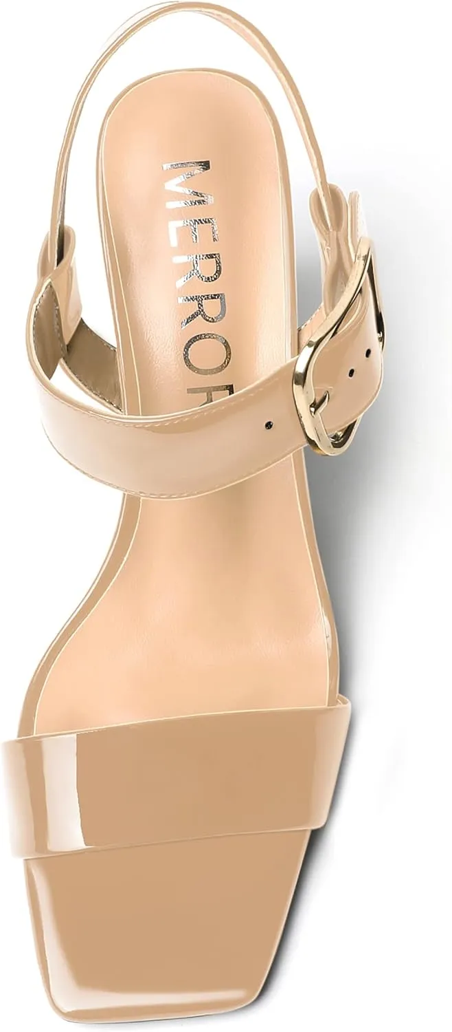 MERRORI Womens Ankle Strap Patent Mule Open Toe Sexy Dating Buckle Chunky High Heel Heeled Sandals 3.3 Inch