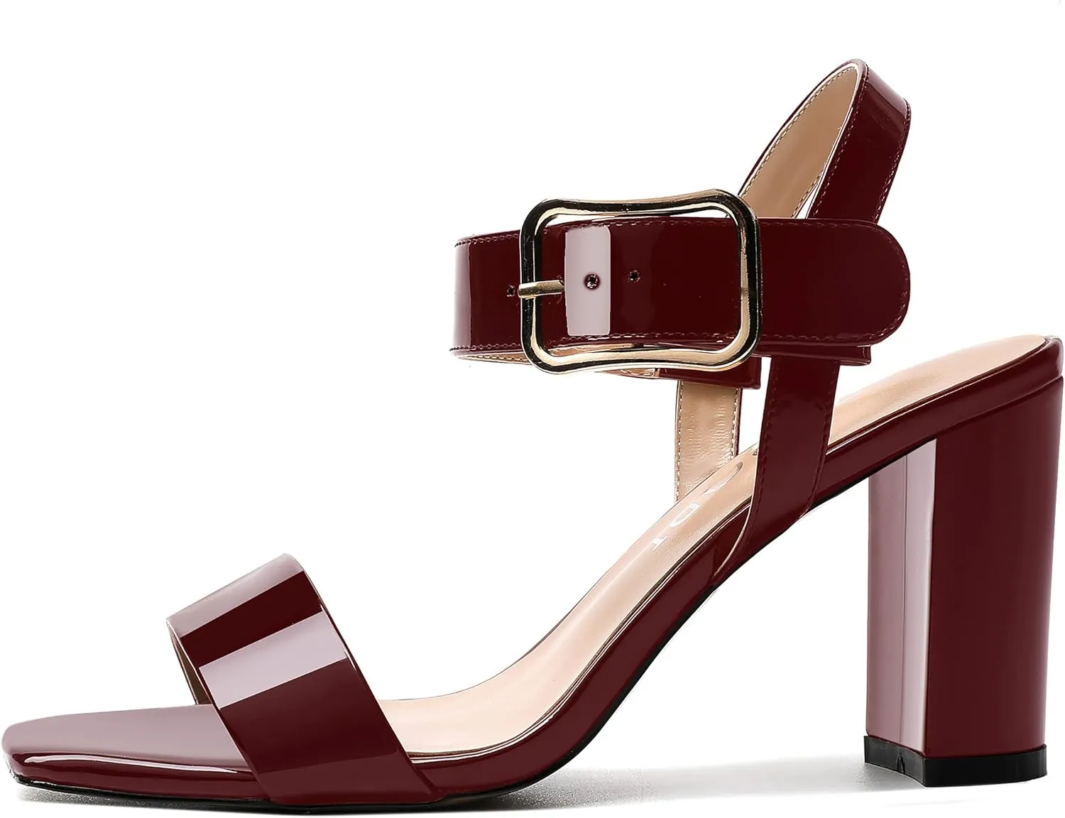 MERRORI Womens Ankle Strap Patent Mule Open Toe Sexy Dating Buckle Chunky High Heel Heeled Sandals 3.3 Inch