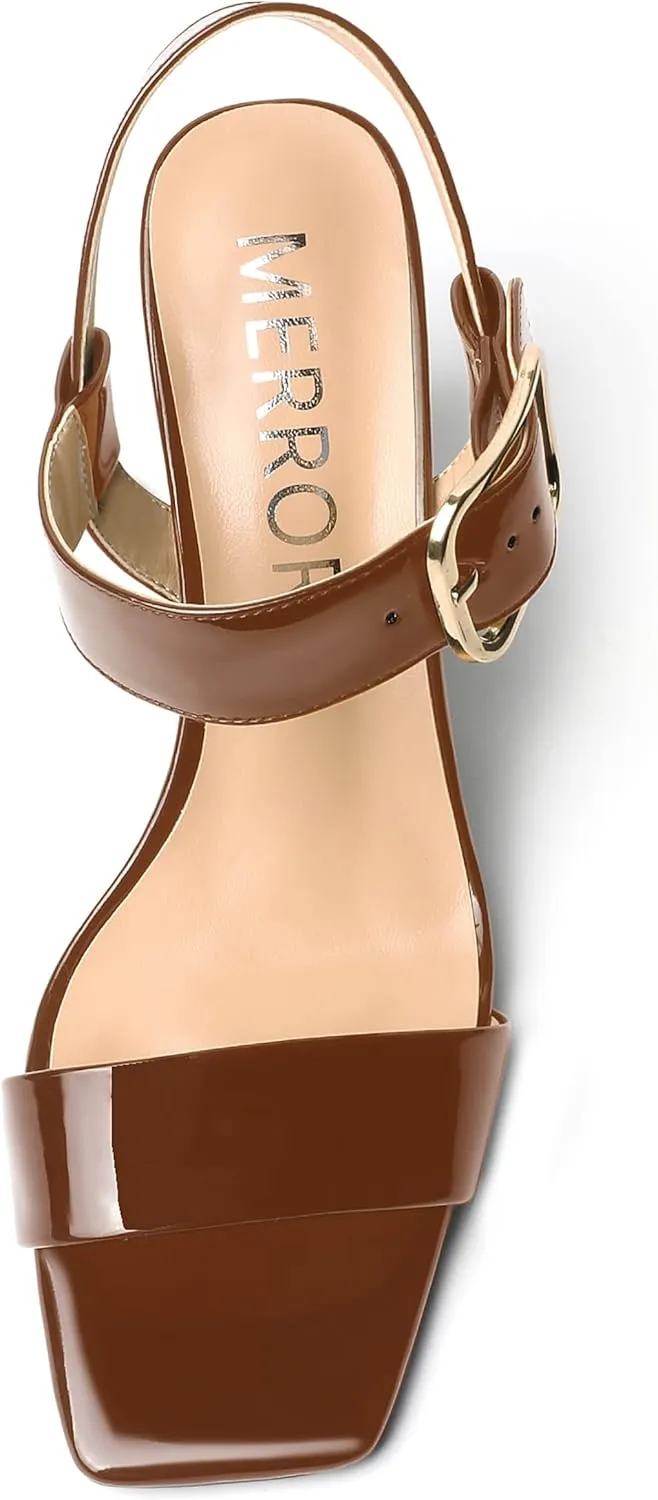 MERRORI Womens Ankle Strap Patent Mule Open Toe Sexy Dating Buckle Chunky High Heel Heeled Sandals 3.3 Inch