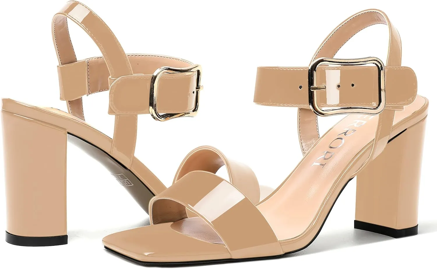 MERRORI Womens Ankle Strap Patent Mule Open Toe Sexy Dating Buckle Chunky High Heel Heeled Sandals 3.3 Inch