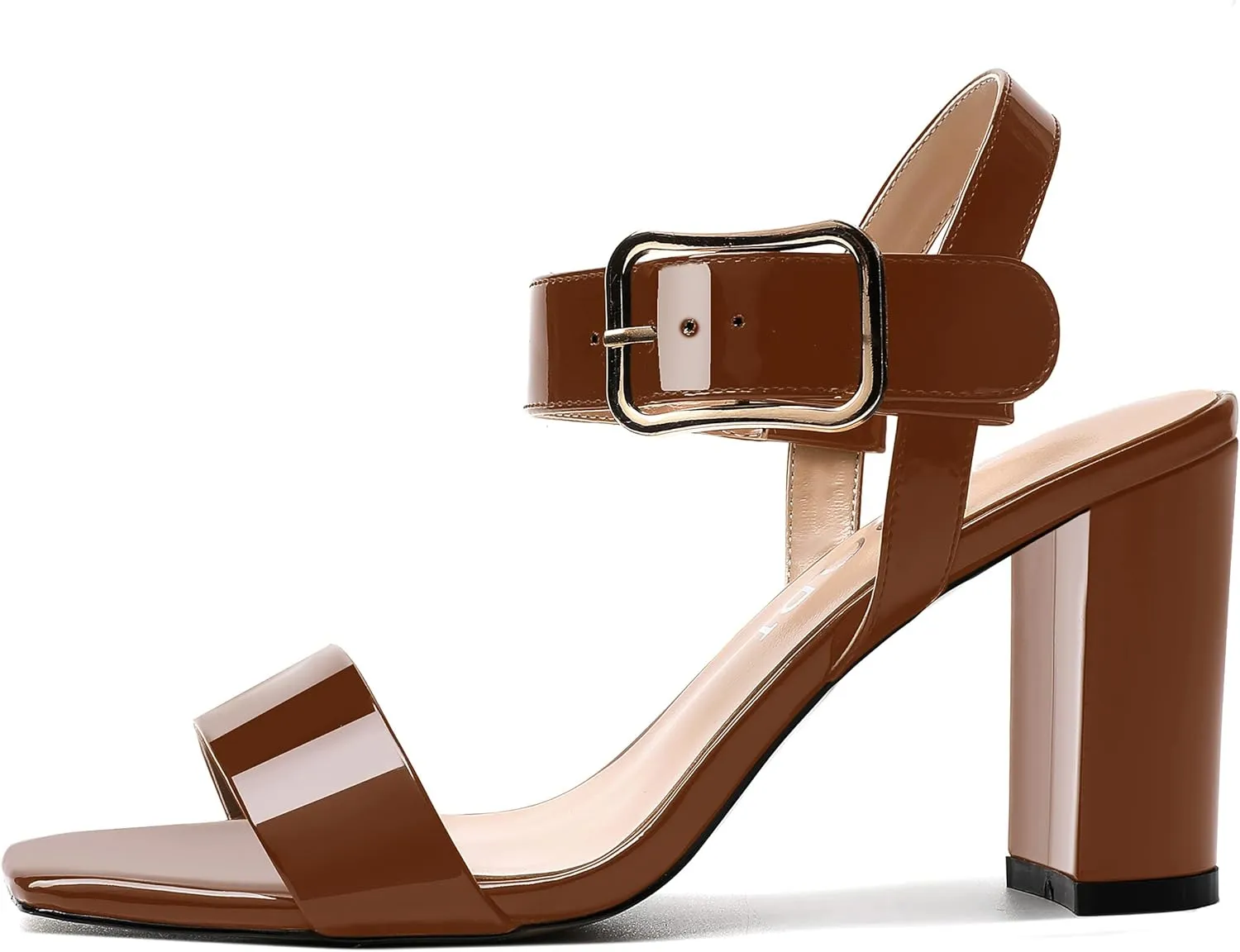 MERRORI Womens Ankle Strap Patent Mule Open Toe Sexy Dating Buckle Chunky High Heel Heeled Sandals 3.3 Inch