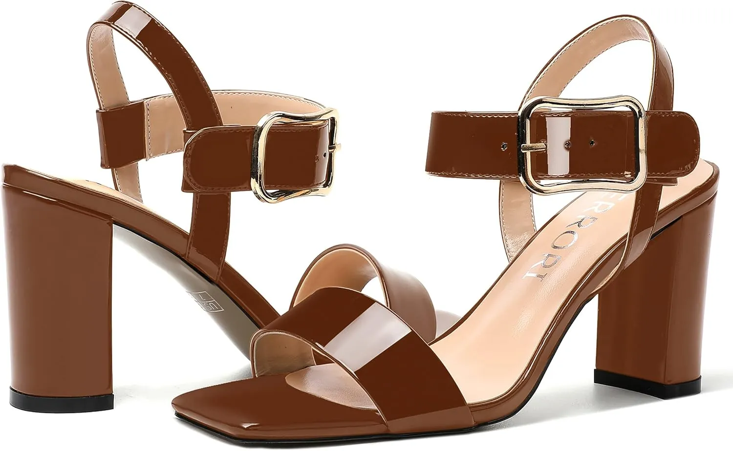 MERRORI Womens Ankle Strap Patent Mule Open Toe Sexy Dating Buckle Chunky High Heel Heeled Sandals 3.3 Inch