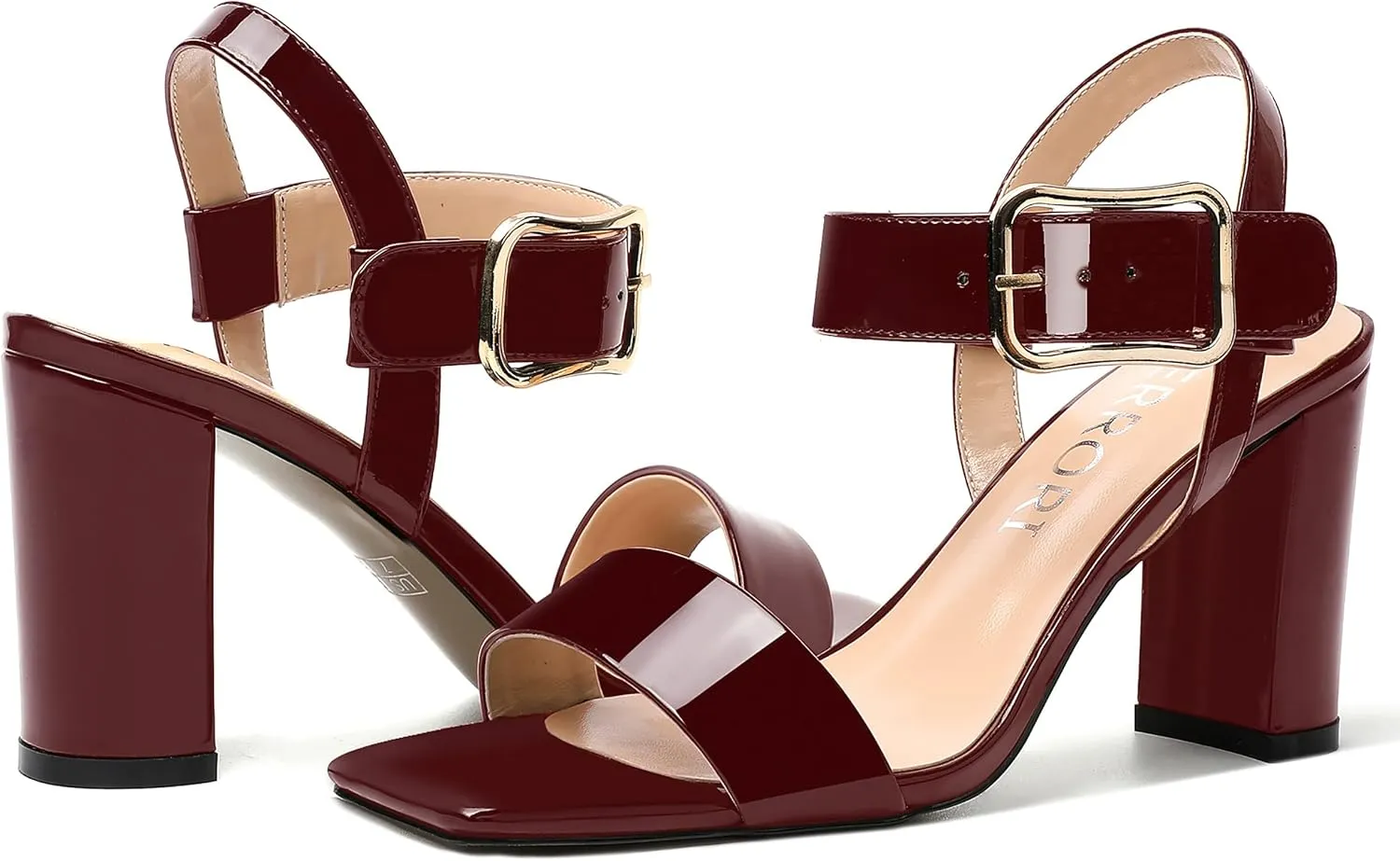 MERRORI Womens Ankle Strap Patent Mule Open Toe Sexy Dating Buckle Chunky High Heel Heeled Sandals 3.3 Inch