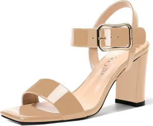 MERRORI Womens Ankle Strap Patent Mule Open Toe Sexy Dating Buckle Chunky High Heel Heeled Sandals 3.3 Inch