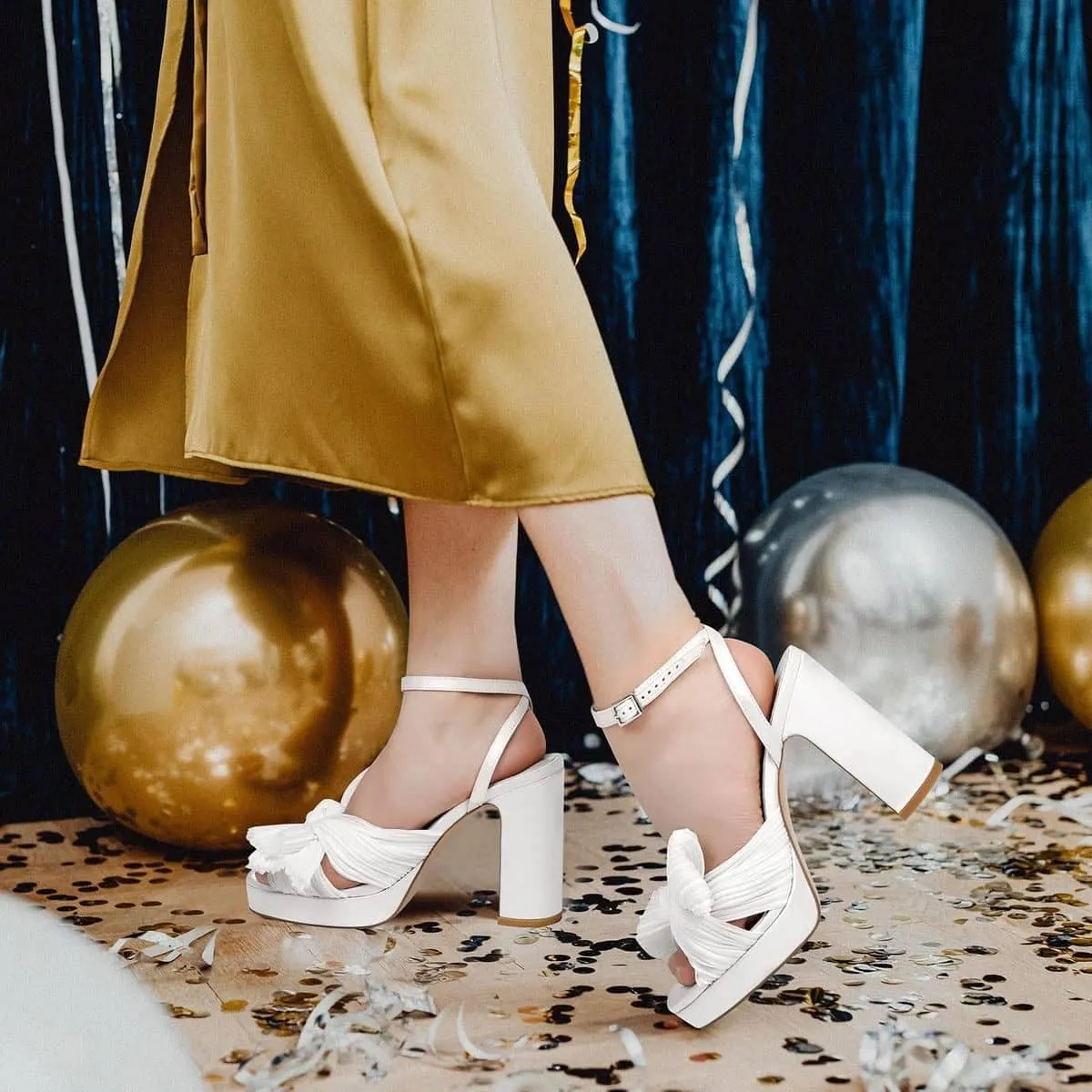 MICIFA Women's Bow Heeled Sandals Pleated Bowknot Platform High Heel Sandals Ankle Strap Chunky Dress Bridal Wedding Shoes