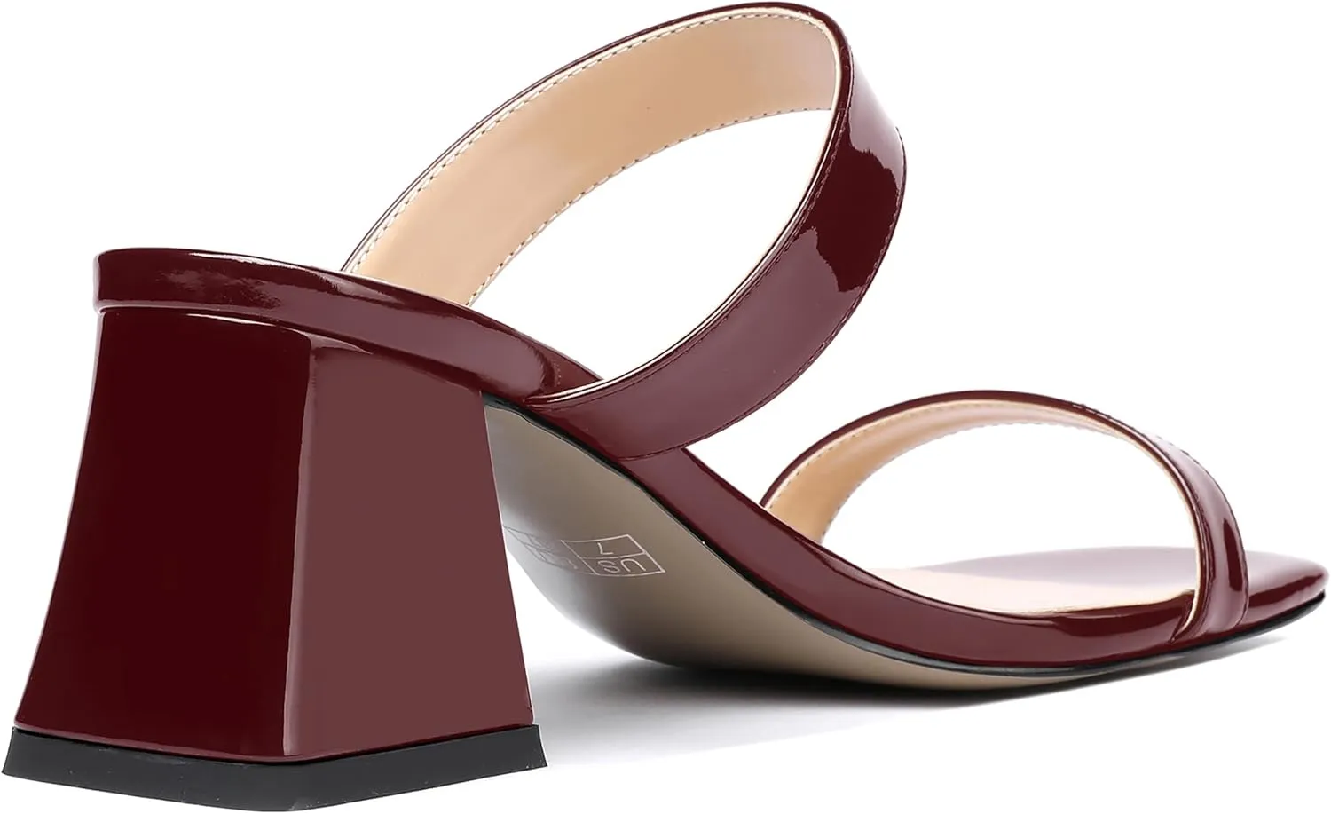MODENCOCO Women's Block Dating Slip On Square Toe Mules Patent Casual Open Toe Chunky Mid Heel Heeled Sandals 2.5 Inch