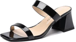 MODENCOCO Women's Block Dating Slip On Square Toe Mules Patent Casual Open Toe Chunky Mid Heel Heeled Sandals 2.5 Inch