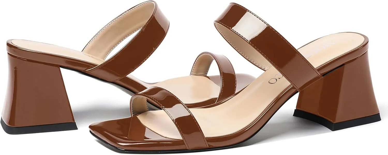 MODENCOCO Women's Block Dating Slip On Square Toe Mules Patent Casual Open Toe Chunky Mid Heel Heeled Sandals 2.5 Inch