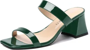 MODENCOCO Women's Block Dating Slip On Square Toe Mules Patent Casual Open Toe Chunky Mid Heel Heeled Sandals 2.5 Inch
