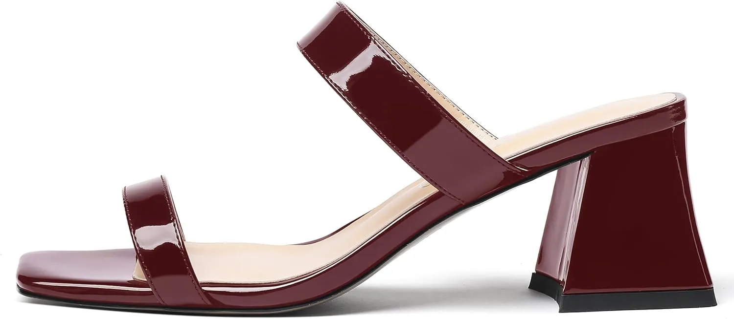 MODENCOCO Women's Block Dating Slip On Square Toe Mules Patent Casual Open Toe Chunky Mid Heel Heeled Sandals 2.5 Inch