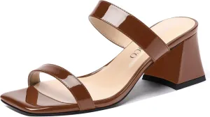 MODENCOCO Women's Block Dating Slip On Square Toe Mules Patent Casual Open Toe Chunky Mid Heel Heeled Sandals 2.5 Inch
