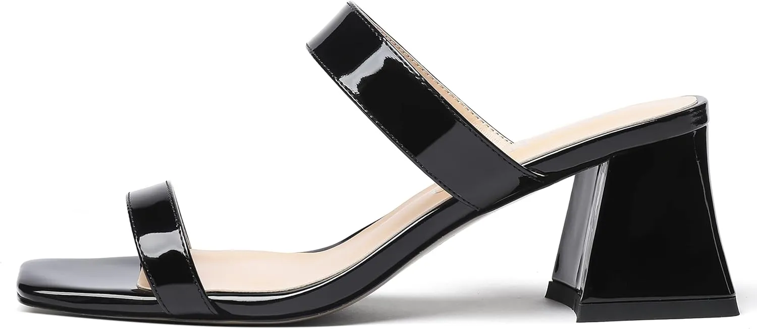 MODENCOCO Women's Block Dating Slip On Square Toe Mules Patent Casual Open Toe Chunky Mid Heel Heeled Sandals 2.5 Inch
