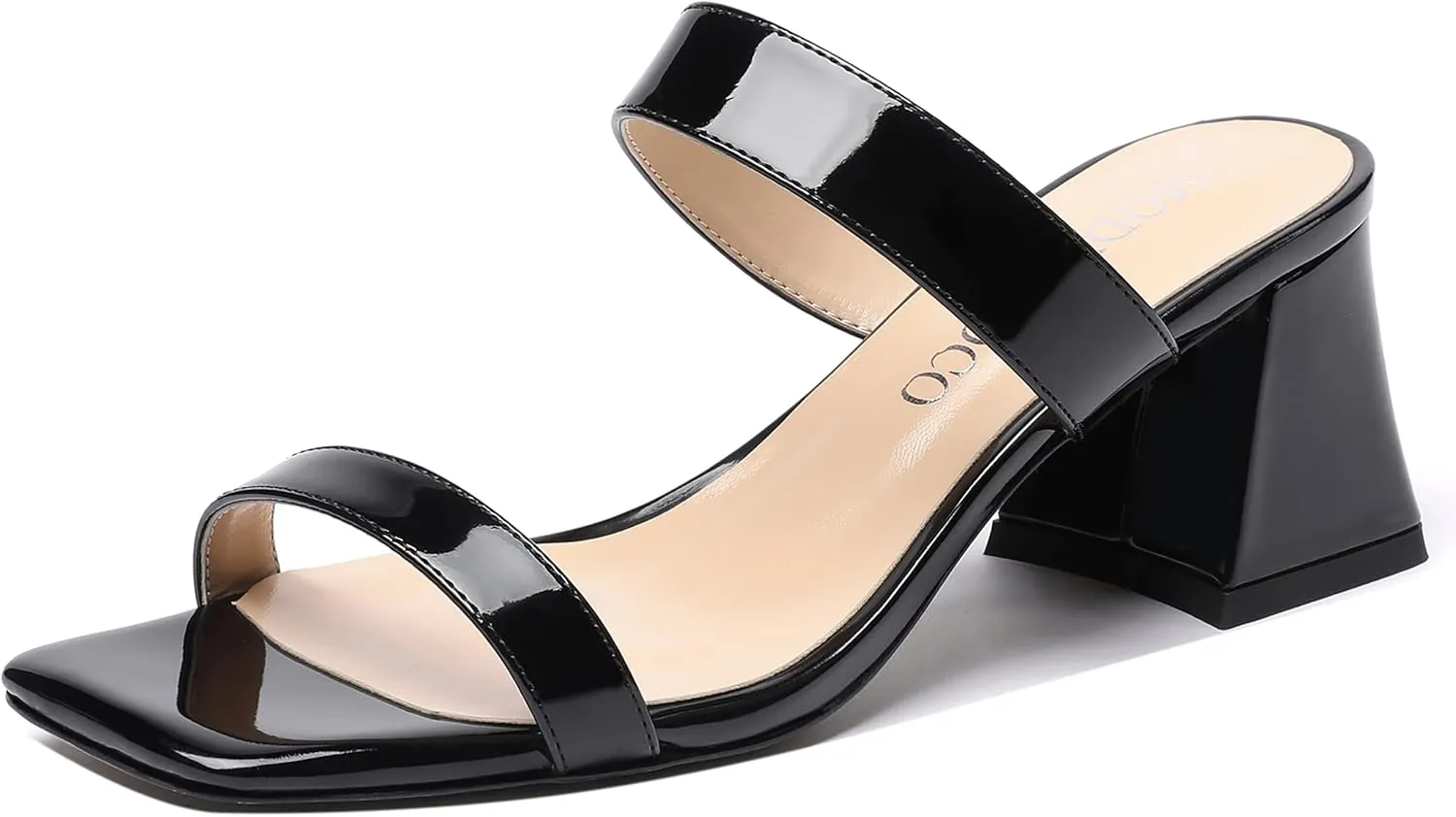 MODENCOCO Women's Block Dating Slip On Square Toe Mules Patent Casual Open Toe Chunky Mid Heel Heeled Sandals 2.5 Inch