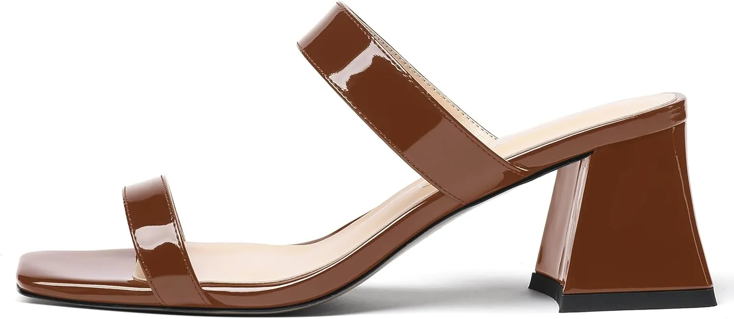 MODENCOCO Women's Block Dating Slip On Square Toe Mules Patent Casual Open Toe Chunky Mid Heel Heeled Sandals 2.5 Inch