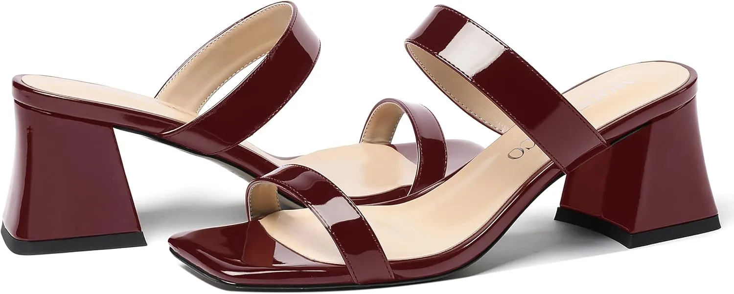 MODENCOCO Women's Block Dating Slip On Square Toe Mules Patent Casual Open Toe Chunky Mid Heel Heeled Sandals 2.5 Inch