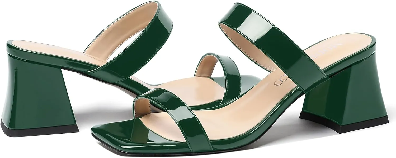 MODENCOCO Women's Block Dating Slip On Square Toe Mules Patent Casual Open Toe Chunky Mid Heel Heeled Sandals 2.5 Inch