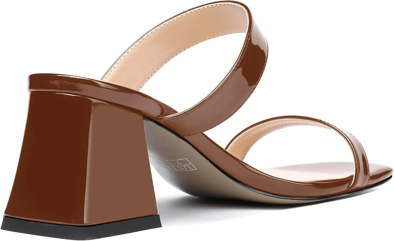 MODENCOCO Women's Block Dating Slip On Square Toe Mules Patent Casual Open Toe Chunky Mid Heel Heeled Sandals 2.5 Inch