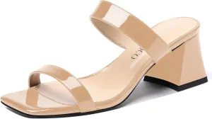 MODENCOCO Women's Block Dating Slip On Square Toe Mules Patent Casual Open Toe Chunky Mid Heel Heeled Sandals 2.5 Inch