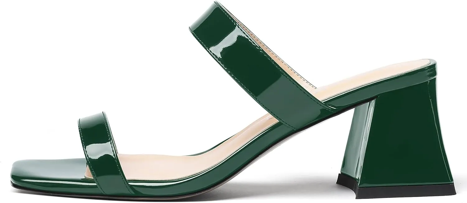 MODENCOCO Women's Block Dating Slip On Square Toe Mules Patent Casual Open Toe Chunky Mid Heel Heeled Sandals 2.5 Inch