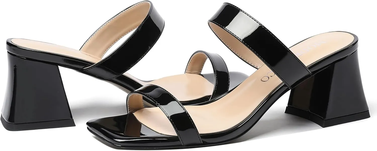 MODENCOCO Women's Block Dating Slip On Square Toe Mules Patent Casual Open Toe Chunky Mid Heel Heeled Sandals 2.5 Inch