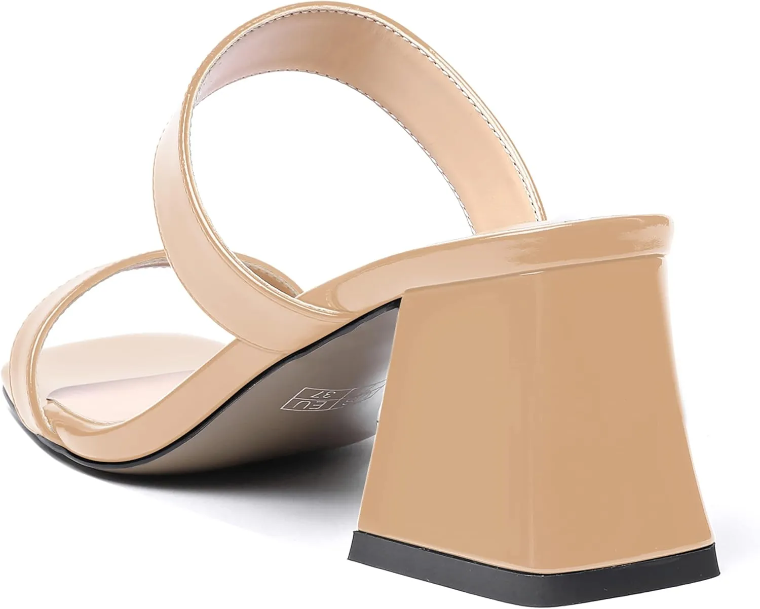 MODENCOCO Women's Block Dating Slip On Square Toe Mules Patent Casual Open Toe Chunky Mid Heel Heeled Sandals 2.5 Inch