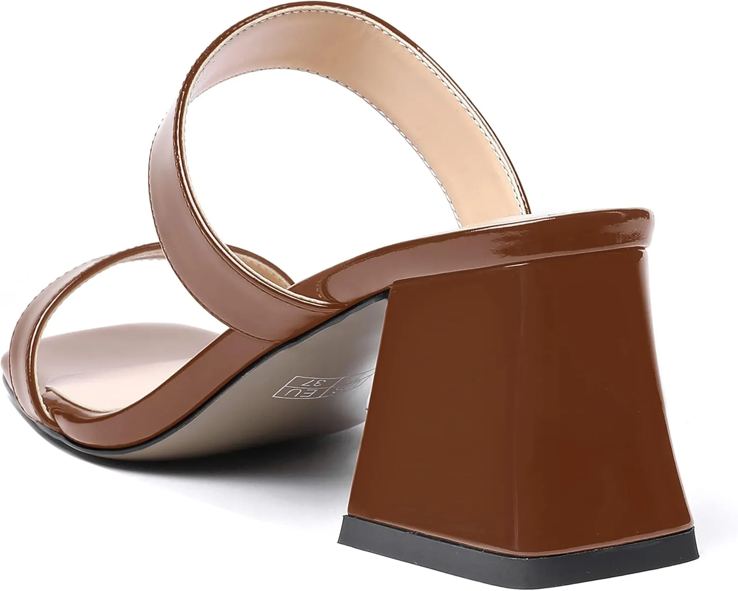 MODENCOCO Women's Block Dating Slip On Square Toe Mules Patent Casual Open Toe Chunky Mid Heel Heeled Sandals 2.5 Inch