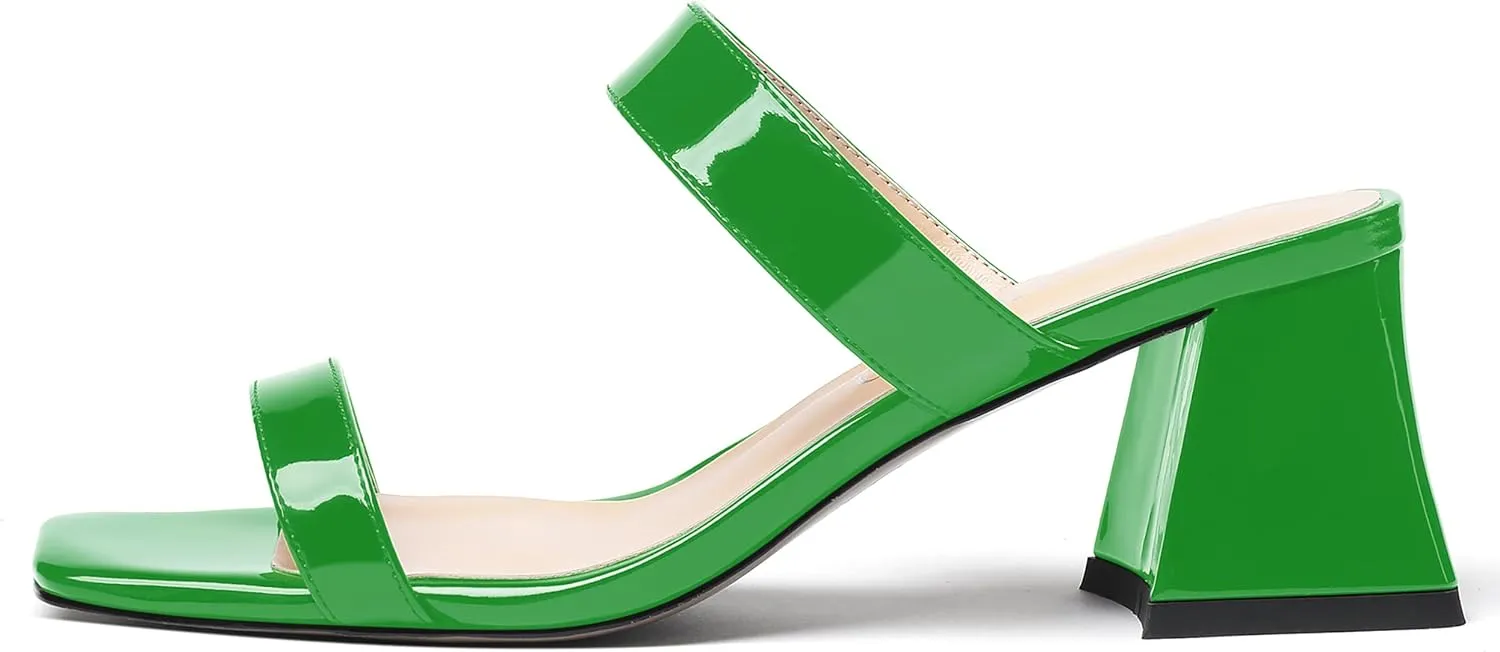 MODENCOCO Women's Block Dating Slip On Square Toe Mules Patent Casual Open Toe Chunky Mid Heel Heeled Sandals 2.5 Inch